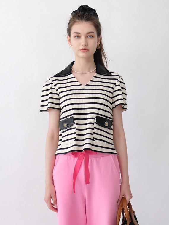 CAT STRIPE LEATHER COLLAR TOP_IVORY